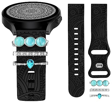 TOYOUTHS Floral Gravierte Armband mit Dekorative Charme kompatibel mit Samsung Galaxy Watch 7/6/5/4/Active 2 40mm 44mm, 20mm Frauen Boho Sport Silikon Armband für Watch 6 Classic, Schwarz/Türkissteine