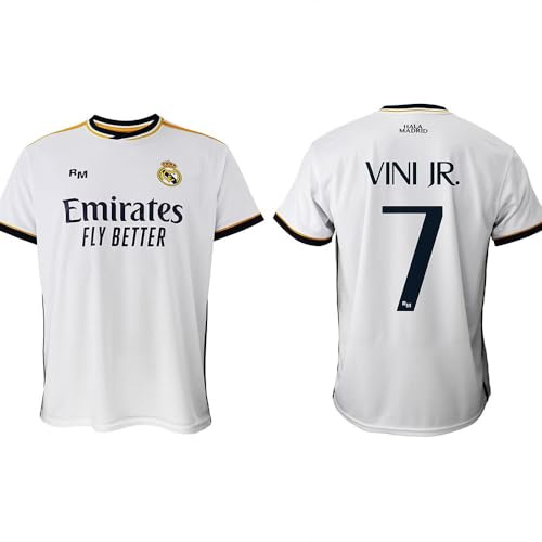 Real Madrid Camiseta Primera Equipación Temporada 2023-2024 - Vini JR. 7 - Replica Oficial con Licencia Oficial - Adulto (XXL), Blanco