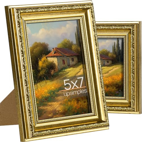 upsimples 5x7 Picture Frame with Real Glass, Ornate Vintage 5 x 7 Photo Frames for Wall Decor or Tabletop Display, Gold, 2 Pack