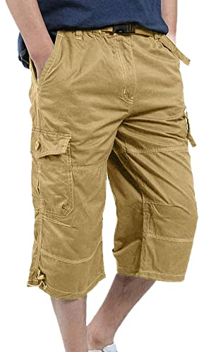 YAOBAOLE Shorts Cargo Homme Shorts en Coton 3/4 Été Bermuda Homme Regular Bermuda de Travail Hommes Court Kaki L
