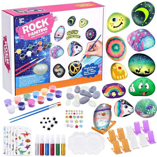 YESLUSY Steine Bemalen Set, Nachtleuchtendes Steine Bemalen Bastelsets für Kinder, Kreativ Steinmalerei Set, Erwachsene Geschenke Malerei, Perfekte Geschenke für Mädchen Jungen 3-12 Jahre