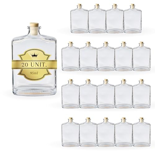 Espirito Rebelde 20x Bouteilles en Verre 95ml avec Bouchon en Liège - Flasque à Alcool pour Whiskey, Rhum, Liqueur - Fioles de Poche - Diffuseur de Parfum et Huiles Essentielles