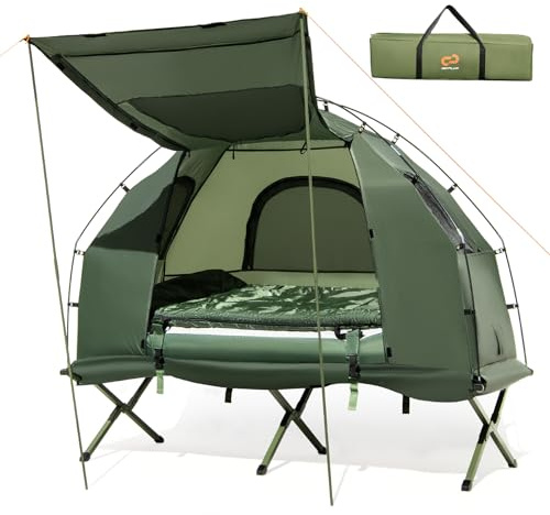 COSTWAY 5 in 1 Feldbett mit Zelt, Campingbett mit Luftmatratze, Kissen, Schlafsack, Sonnenschutz & Rolltasche, Campingliege wasserdicht & tragbar, 300 kg Tragekraft
