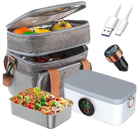 MeLtor Fiambrera Electrica Coche Recargable E Inalámbrico, Tartera Electrica Comida Trabajo Portátil Y Con Batería De 16000 mAh, Fiambrera Compartimentos