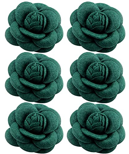 FLAVAS Frauen Blume Brosche,6PCS Blumen Brosche Stoff, Niedlich Stoff Pin Hochzeit Abzeichen Blume Brosche Kamelie Stoff Brosche Anstecknadel Brust Pin, für Mädchen Geschenke (Dunkelgrün)