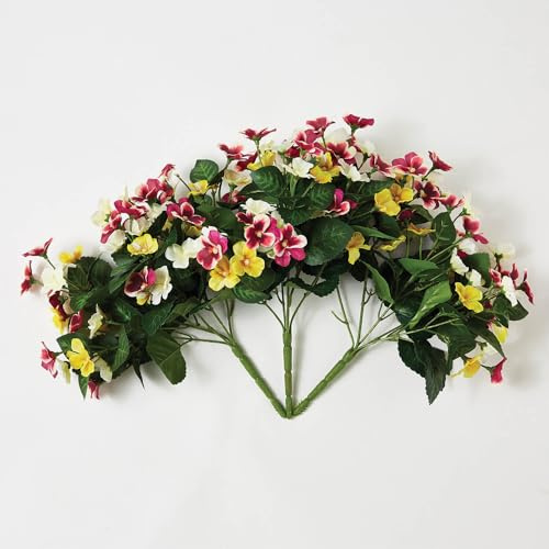 Set of 3 Artificial Pansy Bush Picks Faux Foilage Realistic Purple Yellow White Low Maintenance 32cm No Planting Everlasting Decor Indoor Outdoor