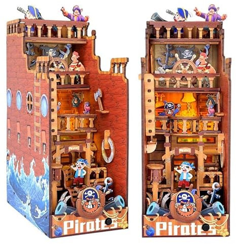 Habarri Book Nook, DIY Miniaturhaus Bausatz, 3D Holzpuzzles Set, Bücherecke für Erwachsene, Häuser Modellbausätze mit LED Leuchten, Miniatur Puppenhäuser Haus - Die Pirateninsel