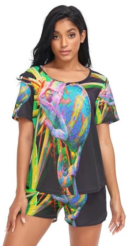 HMZXZ Damen Schlafanzug-Set Bunt Tier Chamäleon Sommer Pyjama Woman Set,Chamäleon Loungewear und Shorts Lounge Set Sleepwear Nachtwäsche