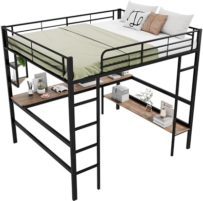 Azkoeesy Metall Hochbett mit 2 Meter Schreibtisch, 140 x 200 cm, Jugendbett, Etagenbett, Doppelbett, mit Lattenrost und Gitter, mit Fallschutz und Regalen, für Teenager und Erwachsene, Schwarz