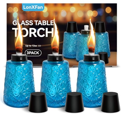 3 Pack Glass Outside Table Top Torch, Tabletop Citronella Oil Torches for Outside Replacement Fuel Torch Canisters with Wicks and Caps Lanscape Lanterns Torches for Yard, Patio, Garden, Party Decor