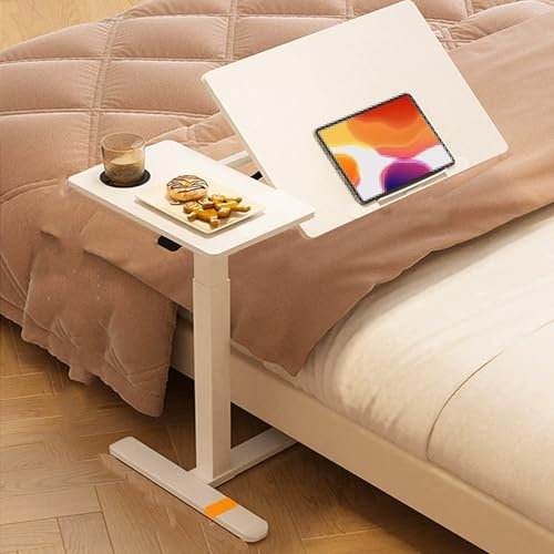 Höhenverstellbarer Beistelltisch Rollen, Mobiler Betttisch mit Luftdruckstange Pflegetisch Krankentisch, Foldable and Reversible für Zuhause, Krankenhaus(White)