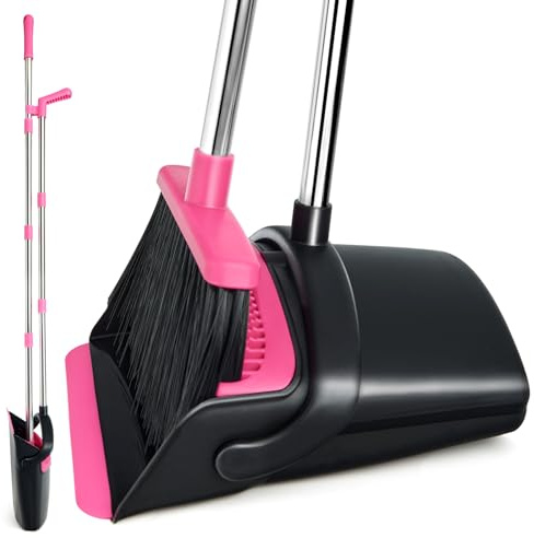 XXFLOWER Broom and Dustpan Set, Long Handle Lightweight Dustpans with Broom Combo for Home, Indoor&Outdoor Sweeping for Home Room Kitchen Office Lobby (Black Pink)