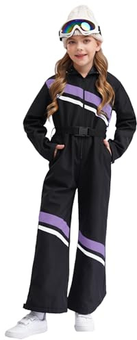 FEESHOW Combinaison De Ski Capuche Pour Enfants Et Filles Jumpsuit Manches Longues Avec Fermeture éclair Ceinture Vêtements D'extérieur Coupe-vent Alpinisme Violet clair et noir 11-12 ans