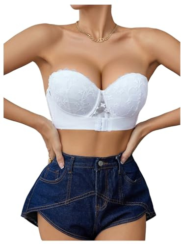 GORGLITTER Women's Push Up Strapless Underwire Scalloped Bra | Front Fastening Bras, Floral Lace Bra, Backless Bra, High Support, Push Up, Bra for Dress, Summer, Wedding