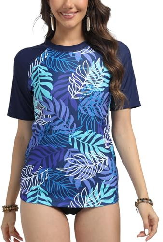 SURFEASY Rashguard Femme Manches Courtes, T-Shirt de Bain à Séchage Rapide, Maillot de Bain (Feuilles de Palmier, 3XL)