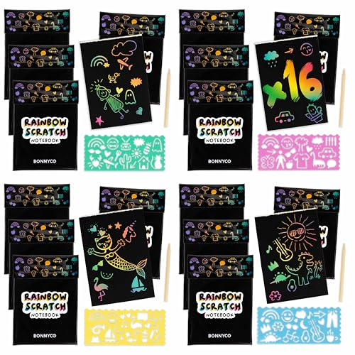 BONNYCO Cuadernos para Rascar Rainbow Scratch Art Niños, 16 Sets de Libreta, Plantilla y Lápiz de Madera. Regalos Cumpleaños Niños Colegio, Detalles Alumnos 3 a 12 Años