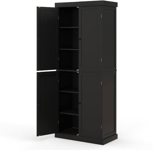 GIANTEX Armario de Suelo con 4 Puertas, 76 x 40 x 184,5 cm, Mueble de Almacenamiento con 6 Estantes Inferiores, Kit Antivuelco, Armario Alto para Cocina, Salón, Baño (Negro)