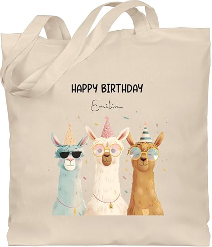 Geschenk mit Namen personalisiert by Shirtracer - Baumwolltasche - Tasche bedruckt - Alpakas Happy Birthday mit Name personalisiert I Alpaka Geschenk Lama Geschenkidee Geburtstag