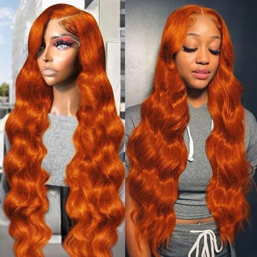 Beluck Echthaar Perücke Ingwer-Orange Real Human Hair Wig 13x6 HD Transparent Lace Front Wig Human Hair Body Wave Schokoladenbraun Perücke Damen Pre Plucked Glueless Wigs For Black Women 22 Zoll