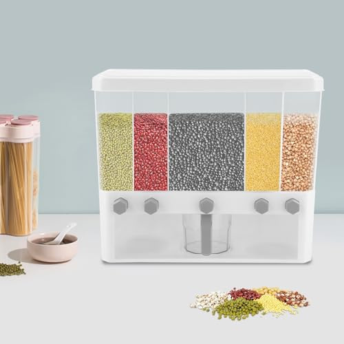 DSYOGX - Dispensador de cereales, 5 compartimentos, dispensador de cereales, dispensador de aperitivos, cantidad de arroz, dispensador de alimentos secos, dispensador de cereales con vaso medidor para