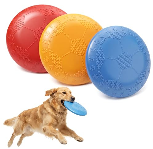 Horktrust 3 Stück Frisbee Hund, Dog Disc aus Naturkautschuk – weiche & strapazierfähige Hundefrisbee – schwimmend, wasserfest – für Training & Apportieren – Rot Orange Blau