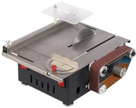 awolsrgiop Mini Tischkreissäge 200W mit Bandschleifer, 7-stufig Einstellbare Präzisions-Kreissäge 0-90° Neigung, 10000 U/min mit 4 Klingen & 10 Schleifbändern für Holz/Bambus/Kunststoff