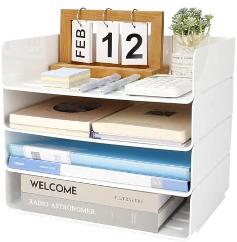 Otauoaea Briefablage Stapelbar, Weiß, 4 Stück, A4, aus PET | Dokumentenablage, Papierablage, Organizer für Schreibtisch, Ablagefächer für Büro Office
