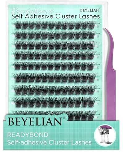 BEYELIAN Self Adhesive Eyelashes Clusters 120Pcs, Pre Glued Eyelashes D Curl 10-16mm Press On Lashes with Tweezer, No Glue Needed DIY Lash Cluster Kits H01