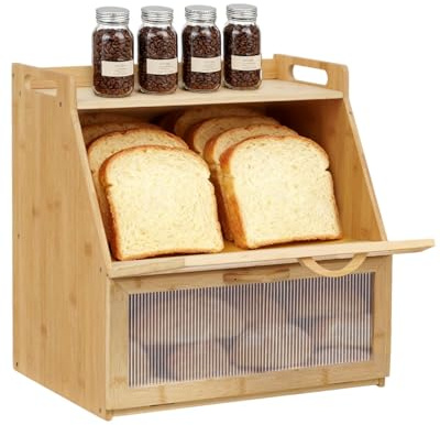Bellanny Bamboo Bread Bin, Two-Layer Bread Box, Eco-friendly Large Capacity Bread Storage with Magnetic Acrylic Door for Kitchen Storage & Keep Fresh, 37.8x28x38.8 cm - Self-Assembly