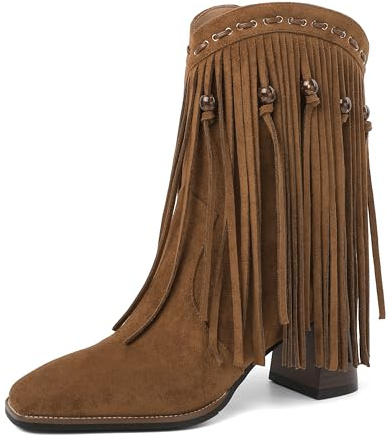 EDEFS Cow Girl Boots Square Toe Ankle Booties with Side Zipper Mid Wide Calf Boots Fringe Autumn Footwear Suede Brown UK4