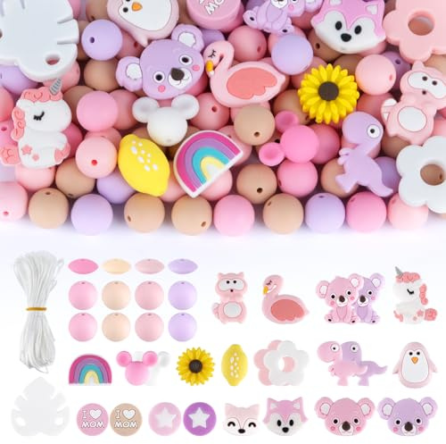 Artecreativa 128 Stück 3D-Cartoon-Tier-Silikonperlen,15 mm Silikonperlen,Große Runde Silikonperlen,Rosa und violette Silikonperlen, geeignet für DIY-Armbänder, Stifte und Schlüsselanhänger für Mädchen