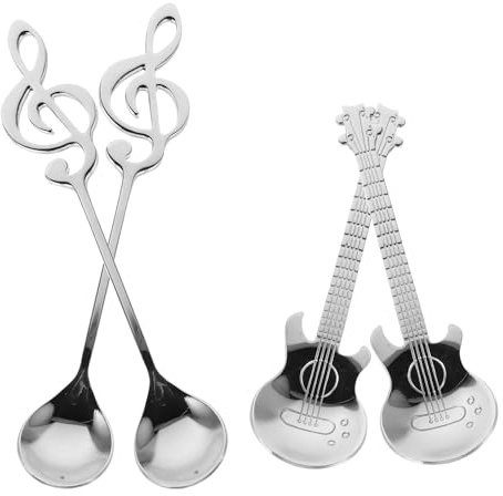 Didiseaon 4 pièces Cuillères Acier Inoxydable Lot de Cuillères à Café Musicales Guitare et Notes de Musique pour Mélanger Boissons Thé et Desserts Ustensiles Durables pour Amateurs de