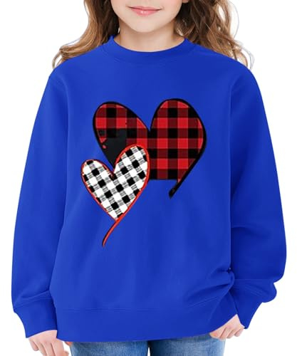 Mjjsk Flickor rund hals sweatshirt trendigt hjärta grafisk jumper barn vardaglig långärmad pullover toppar Preppy söt komfort semester kläder, BLÅ, 13-14 Years