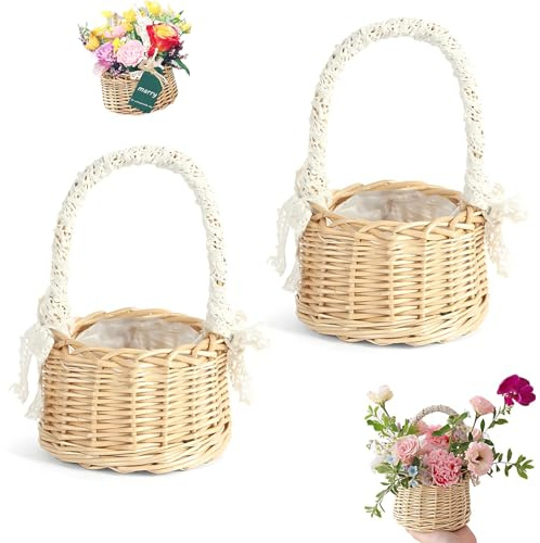 Lowats 2 Stück Blumenkorb Hochzeit Rattankorb Mini Geflochtener Blumenkorb Weidenkorb Klein Körbchen mit Henkel Gewebte Körbe Obstkorb Henkelkorb für Hochzeit Tischdeko