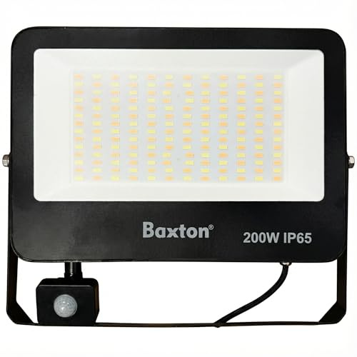 Baxton 200W LED PIR Security Floodlight, Outdoor Motion Sensor Security Light, 3CCT Selectable (3000K/4000K/6500K), IP65 Waterproof, Mains Powered for Garden, Garage & Driveway