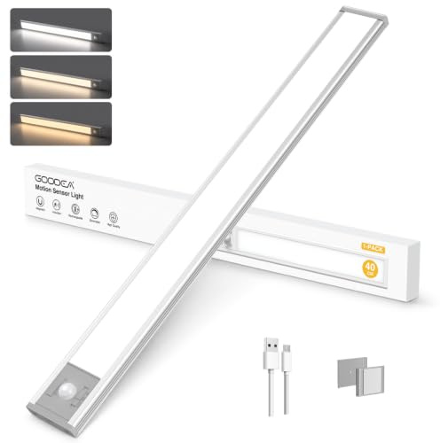 GOODEA 40CM Unterbauleuchte 3600mAh, Superhell Bewegungsmelder Küche Licht | 100-LED 3 Farben & Stufenlos Dimmbar Schrankbeleuchtung, 3 Modi Aluminium Leiste Lichtleiste Küche mit Stark Magnet, 1 Stück