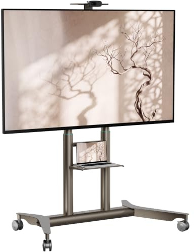 ONKRON TV Ständer rollbar 55-90, bis 75 kg, max VESA 800x600, TS1871-C | TV Rollwagen höhenverstellbar 1034-1539 mm, in Champagner, mit Rollen, Stahlablage, Webcam-Ablage; für Business & Events