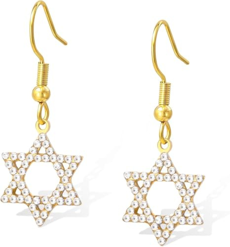Davidstjärna Örhängen för Kvinnor Rostfritt Stål Dainty Judahstjärna Hängande Droppörhängen Hexagon Pendant Skydd Judaistisk Chanukka Religiösa Smycken Gåva, Guld