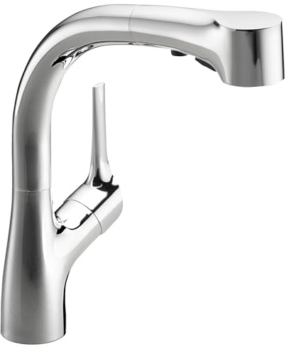 Jacob Delafon Mitigeur Évier de Cuisine Elate, Douchette 3 Jets, Chrome | Bec 25cm pivotant. Débit 6 L/min. Ouverture eau froide. Cartouche céramique
