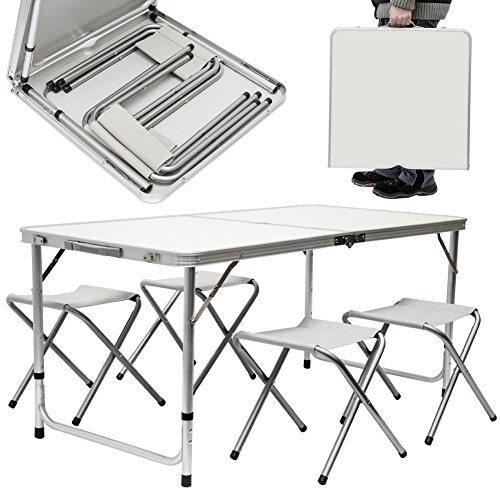 BAKAJI Set Tavolo Pieghevole con 4 Sedie Giardino, Campeggio, Picnic Richiudibile a Valigetta, Tavolino da Pranzo Altezza Regolabile e Maniglia Ergonomica per Trasporto Esterno Interno (Bianco)