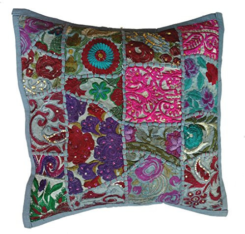 Rastogi Handicrafts Handmade Patchwork Cushion Pillow, Sari Patch Throw Pillow Indian Ethnic Pillow Covers Embroidered Sari Patchwork Cushion Cover (GRAY)