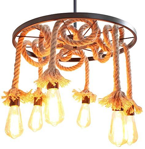 iDEGU 6 lampade a sospensione industriale da soffitto vintage lampadario a sospensione design ruota in metallo e corda di canapa sospensione per soggiorno, sala ristorante, bar, caffè, nero, Ø50 cm, 6