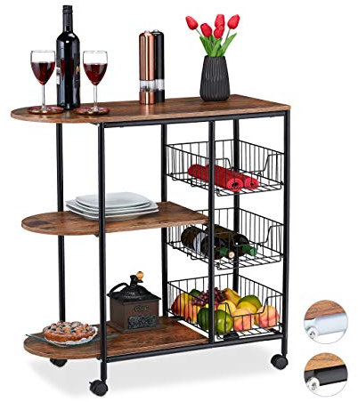 relaxdays Carrello da Cucina, Portavivande con 3 Ripiani e 3 Cestini Industrial, Metallo e MDF 84x83x37 cm, Nero/Marrone