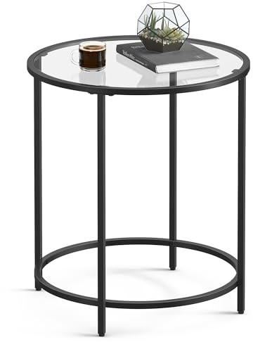 VASAGLE Round Side Table, Glass End Table with Metal Frame, Black Coffee Table with Modern Style, for Living Room, Balcony, Bedroom, Black
