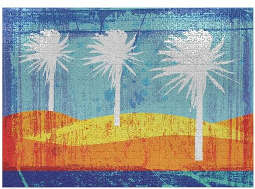 ABAKUHAUS Burnt orange Puzzle, Tropic Beach Palms, Heirloom-Qualität lustige Aktivität für die Familie langlebiger Karton, 1000 Stücke, Orange Blau Weiß