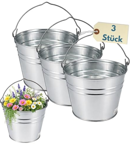 Zinkeimer Ascheeimer Metalleimer verzinkt Blecheimer für Garten Asche Eimer 5 L Blumentopf Metall Eimer Wassereimer Baueimer Futtereimer Garteneimer Dekoeimer 3 St.