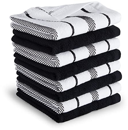 KitchenAid Albany Dishcloth 8 Pack Set, Matte Black/White, 12x12
