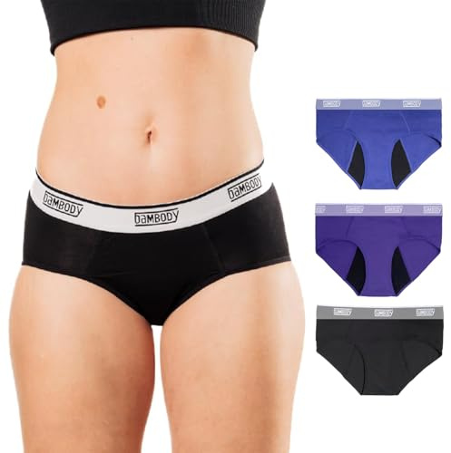 Bambody Absorbent Hipster: Sporty Period Panties | Protective Active Wear Underwear - 3 Pack: Black - Dark Blue - Purple - Size 5