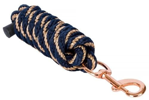 Start Führstrick Pferd 2 m – Robuster Anbindestrick mit Panikhaken oder Karabiner – Reißfest & Wetterfest – Führseil für Stall, Bodenarbeit & tägliches Training (Dunkelblau/Rosegold, Karabinerhaken)