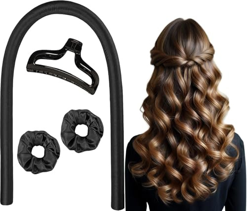Curls över natten, curlers över natten, hårkrullar, lockar Under sömnen, värmefritt locktång pannband, sidenband för hår - svart